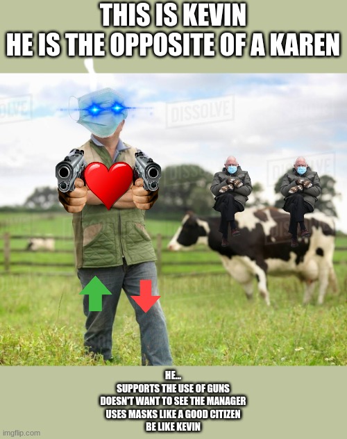 #Vote for kevin | THIS IS KEVIN
HE IS THE OPPOSITE OF A KAREN; HE...
SUPPORTS THE USE OF GUNS
DOESN'T WANT TO SEE THE MANAGER
USES MASKS LIKE A GOOD CITIZEN
BE LIKE KEVIN | image tagged in kevin | made w/ Imgflip meme maker