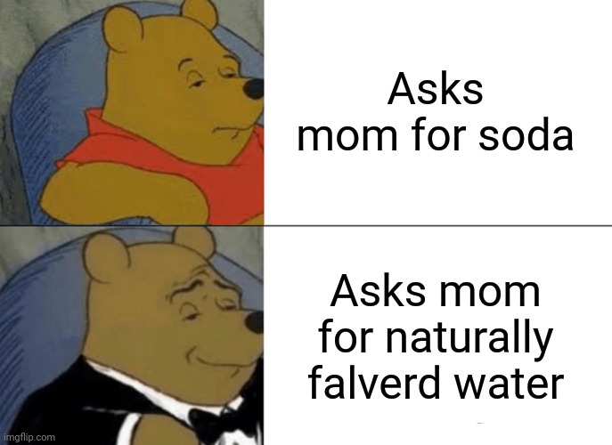 Tuxedo Winnie The Pooh | Asks mom for soda; Asks mom for naturally falverd water | image tagged in memes,tuxedo winnie the pooh | made w/ Imgflip meme maker