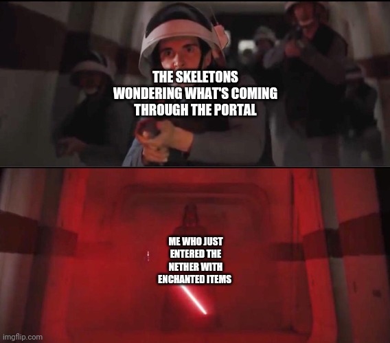 Hallway Vader | THE SKELETONS WONDERING WHAT'S COMING THROUGH THE PORTAL; ME WHO JUST ENTERED THE NETHER WITH ENCHANTED ITEMS | image tagged in hallway vader | made w/ Imgflip meme maker