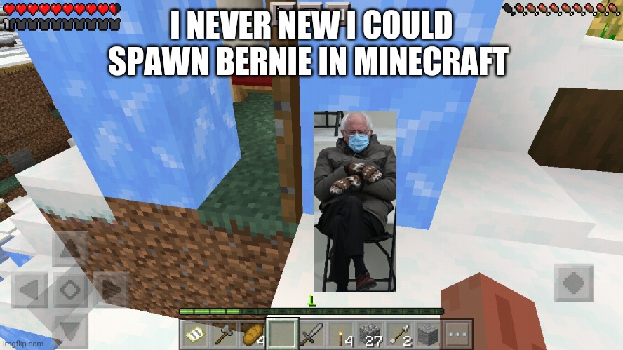 I NEVER NEW I COULD SPAWN BERNIE IN MINECRAFT | image tagged in bernie sanders,minecraft creeper | made w/ Imgflip meme maker