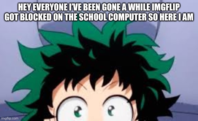 deku looking at u | HEY EVERYONE I’VE BEEN GONE A WHILE IMGFLIP GOT BLOCKED ON THE SCHOOL COMPUTER SO HERE I AM | image tagged in deku looking at u | made w/ Imgflip meme maker