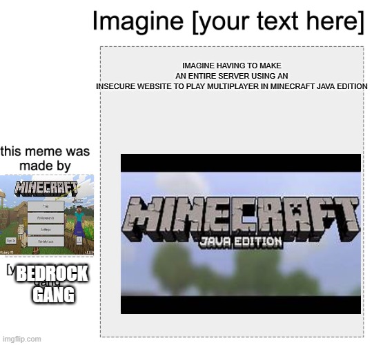 Bedrock vs Java | IMAGINE HAVING TO MAKE AN ENTIRE SERVER USING AN INSECURE WEBSITE TO PLAY MULTIPLAYER IN MINECRAFT JAVA EDITION; BEDROCK 
GANG | image tagged in meme gang | made w/ Imgflip meme maker