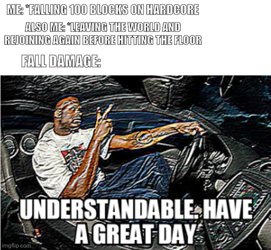 This is true you should try it | ME: *FALLING 100 BLOCKS ON HARDCORE; ALSO ME: *LEAVING THE WORLD AND REJOINING AGAIN BEFORE HITTING THE FLOOR; FALL DAMAGE: | image tagged in understandable have a great day | made w/ Imgflip meme maker