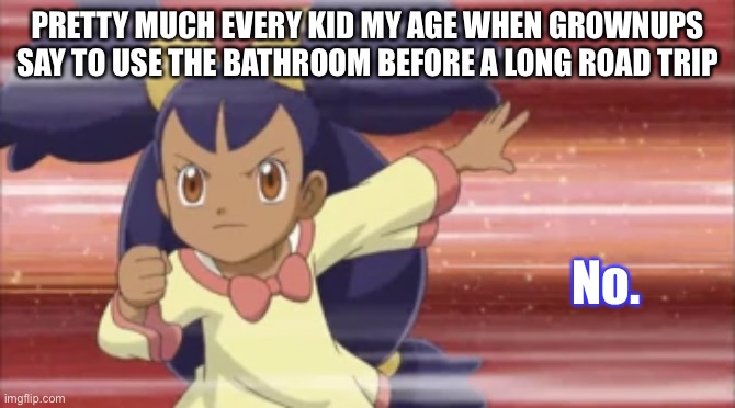 Calling all kids on Imgflip!! | PRETTY MUCH EVERY KID MY AGE WHEN GROWNUPS SAY TO USE THE BATHROOM BEFORE A LONG ROAD TRIP; No. | image tagged in oh god why,no,pokemon | made w/ Imgflip meme maker