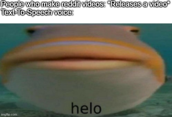 helo. | People who make reddit videos: *Releases a video*
Text-To-Speech voice: | image tagged in helo,reddit,video,youtube | made w/ Imgflip meme maker