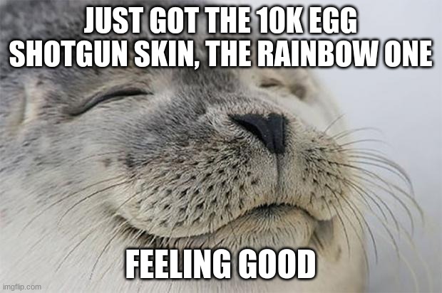Satisfied Seal |  JUST GOT THE 10K EGG SHOTGUN SKIN, THE RAINBOW ONE; FEELING GOOD | image tagged in memes,satisfied seal | made w/ Imgflip meme maker