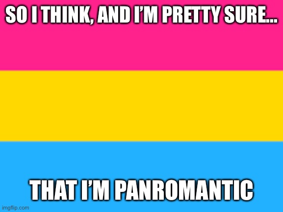 Hi... | SO I THINK, AND I’M PRETTY SURE... THAT I’M PANROMANTIC | image tagged in pansexual flag | made w/ Imgflip meme maker