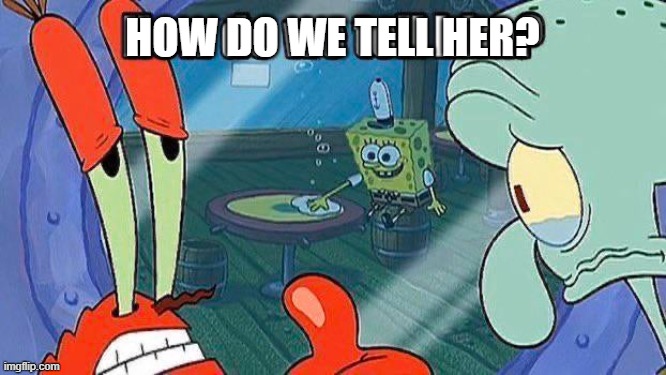 How do we tell her spongebob meme | HOW DO WE TELL HER? | image tagged in spongebob | made w/ Imgflip meme maker