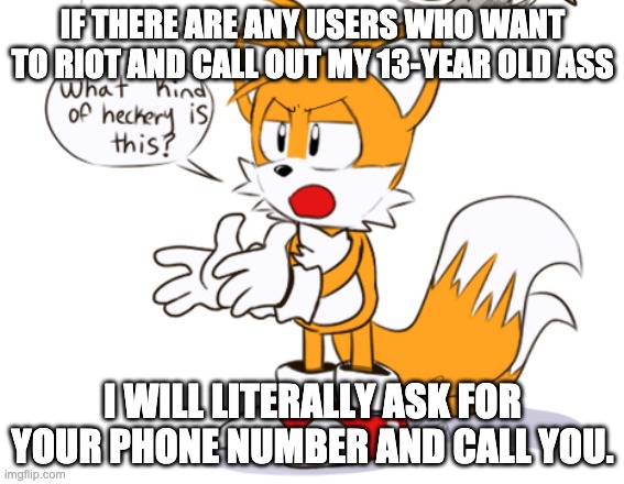 If typing won't work, out comes the phone. | IF THERE ARE ANY USERS WHO WANT TO RIOT AND CALL OUT MY 13-YEAR OLD ASS; I WILL LITERALLY ASK FOR YOUR PHONE NUMBER AND CALL YOU. | image tagged in what kind of heckery is this | made w/ Imgflip meme maker