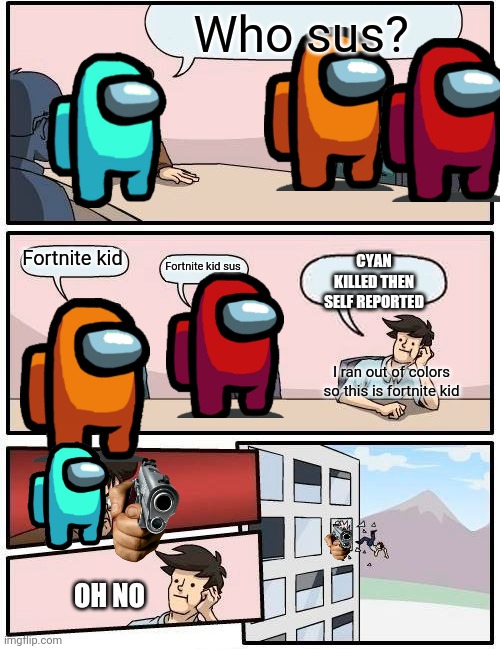 This took me a long time to put together | Who sus? CYAN KILLED THEN SELF REPORTED; Fortnite kid; Fortnite kid sus; I ran out of colors so this is fortnite kid; OH NO | image tagged in memes,boardroom meeting suggestion,among us meeting | made w/ Imgflip meme maker