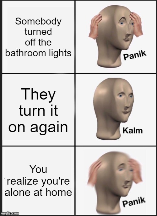 Heavy breathing... |  Somebody turned off the bathroom lights; They turn it on again; You realize you're alone at home | image tagged in memes,panik kalm panik | made w/ Imgflip meme maker