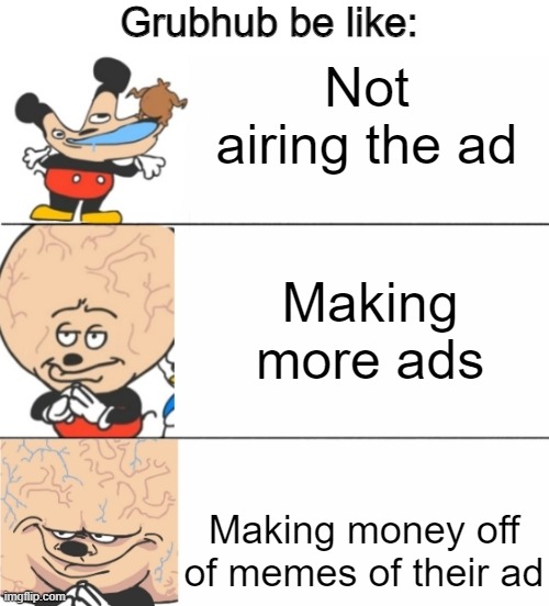Expanding Brain Mokey | Grubhub be like:; Not airing the ad; Making more ads; Making money off of memes of their ad | image tagged in expanding brain mokey,grubhub | made w/ Imgflip meme maker