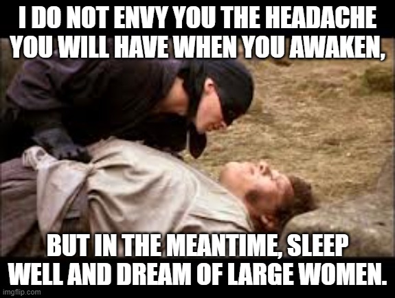 Dream of Large Women | I DO NOT ENVY YOU THE HEADACHE YOU WILL HAVE WHEN YOU AWAKEN, BUT IN THE MEANTIME, SLEEP WELL AND DREAM OF LARGE WOMEN. | image tagged in princess bride,fezzik,wesley,inconceivable,giant,andre the giant | made w/ Imgflip meme maker