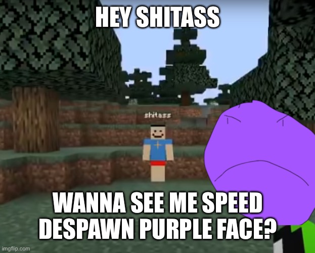 shitass | HEY SHITASS; WANNA SEE ME SPEED DESPAWN PURPLE FACE? | image tagged in shitass | made w/ Imgflip meme maker