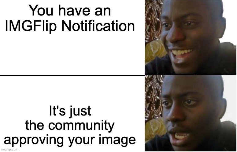 Disappointed Black Guy | You have an IMGFlip Notification; It's just the community approving your image | image tagged in disappointed black guy | made w/ Imgflip meme maker
