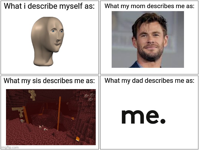 Me. | What i describe myself as:; What my mom describes me as:; What my sis describes me as:; What my dad describes me as: | image tagged in memes,blank comic panel 2x2 | made w/ Imgflip meme maker