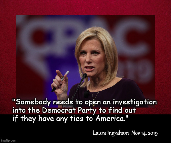 Democrat party to be investigated | "Somebody needs to open an investigation
into the Democrat Party to find out
if they have any ties to America."; Laura Ingraham  Nov 14, 2019 | image tagged in politics | made w/ Imgflip meme maker