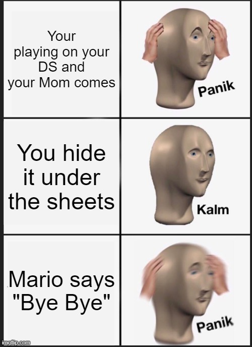 Panik Kalm Panik Meme | Your playing on your DS and your Mom comes; You hide it under the sheets; Mario says "Bye Bye" | image tagged in memes,panik kalm panik,mario bros views,ds,sleep | made w/ Imgflip meme maker