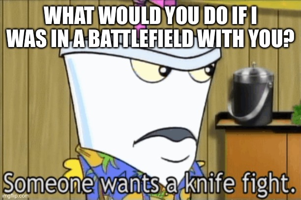 someone wants a knife fight | WHAT WOULD YOU DO IF I WAS IN A BATTLEFIELD WITH YOU? | image tagged in someone wants a knife fight | made w/ Imgflip meme maker