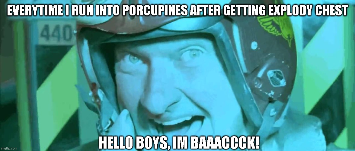 Hello Boys I'm back | EVERYTIME I RUN INTO PORCUPINES AFTER GETTING EXPLODY CHEST; HELLO BOYS, IM BAAACCCK! | image tagged in hello boys i'm back | made w/ Imgflip meme maker