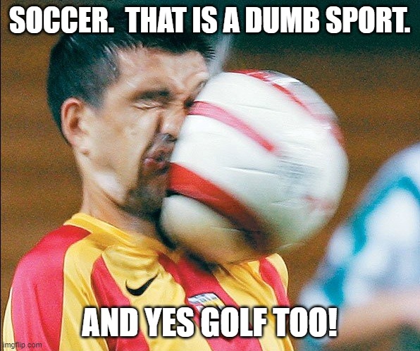 getting hit in the face by a soccer ball | SOCCER.  THAT IS A DUMB SPORT. AND YES GOLF TOO! | image tagged in getting hit in the face by a soccer ball | made w/ Imgflip meme maker