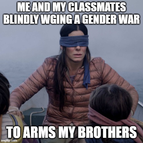 TO ARMS | ME AND MY CLASSMATES BLINDLY WGING A GENDER WAR; TO ARMS MY BROTHERS | image tagged in memes,bird box | made w/ Imgflip meme maker