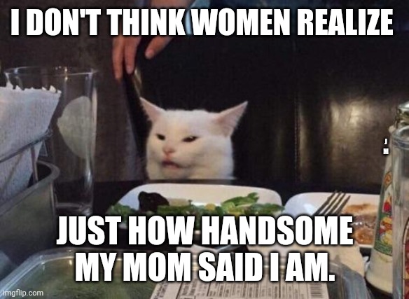 Salad cat | I DON'T THINK WOMEN REALIZE; J M; JUST HOW HANDSOME MY MOM SAID I AM. | image tagged in salad cat | made w/ Imgflip meme maker
