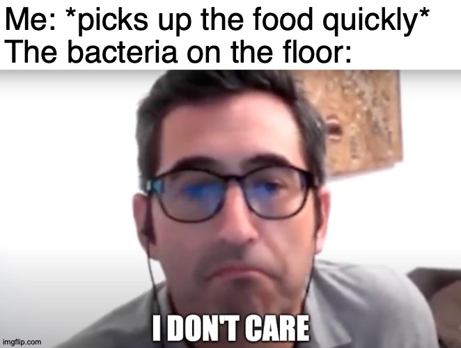 I still eat it. Like, why not? |  Me: *picks up the food quickly*
The bacteria on the floor:; https://www.youtube.com/watch?v=CLokE9OT-Bk | image tagged in sam seder i don't care,memes,food,bacteria,grubhub | made w/ Imgflip meme maker