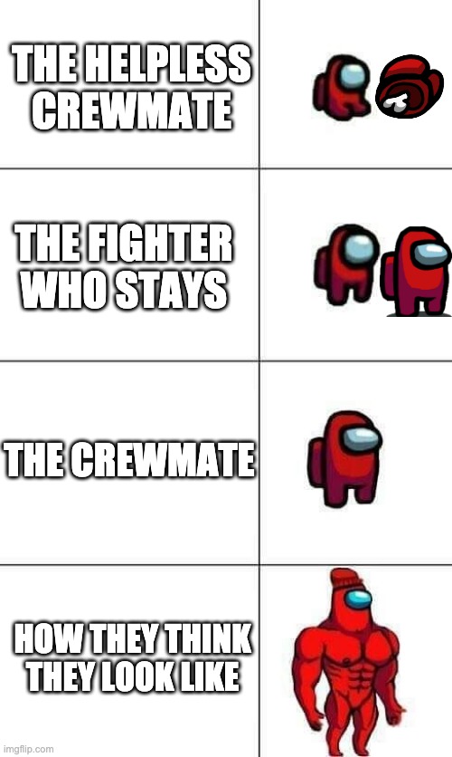 The Crewmate Stages... | THE HELPLESS CREWMATE; THE FIGHTER WHO STAYS; THE CREWMATE; HOW THEY THINK THEY LOOK LIKE | image tagged in increasingly buff red crewmate | made w/ Imgflip meme maker