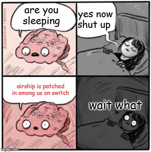 me when airship patched | yes now shut up; are you sleeping; airship is patched in among us on switch; wait what | image tagged in brain before sleep,when airship | made w/ Imgflip meme maker