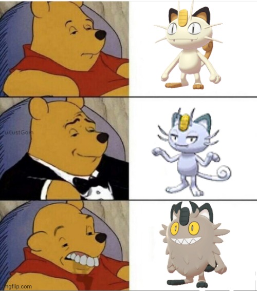 Meowth's forms | image tagged in tuxedo pooh with idiot,pokemon,pokemon sun and moon | made w/ Imgflip meme maker