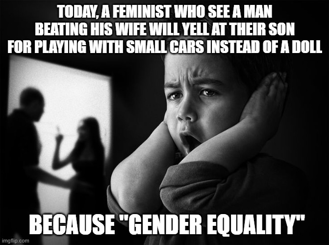 Look at what neo-feminism had let us to. | TODAY, A FEMINIST WHO SEE A MAN BEATING HIS WIFE WILL YELL AT THEIR SON FOR PLAYING WITH SMALL CARS INSTEAD OF A DOLL; BECAUSE "GENDER EQUALITY" | image tagged in memes,politics,feminism,gender equality,hypocrisy | made w/ Imgflip meme maker