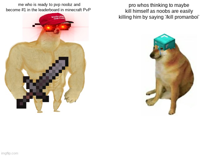 Pro doggie whos gonna be ready | me who is ready to pvp noobz and become #1 in the leaderboard in minecraft PvP; pro whos thinking to maybe kill himself as noobs are easily killing him by saying '/kill promanboi' | image tagged in memes,buff doge vs cheems | made w/ Imgflip meme maker