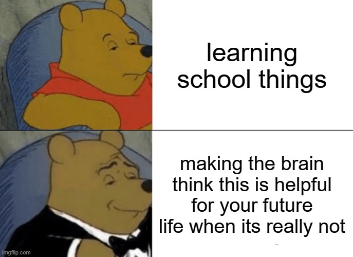 Tuxedo Winnie The Pooh | learning school things; making the brain think this is helpful for your future life when its really not | image tagged in memes,tuxedo winnie the pooh,meme,school,funny | made w/ Imgflip meme maker