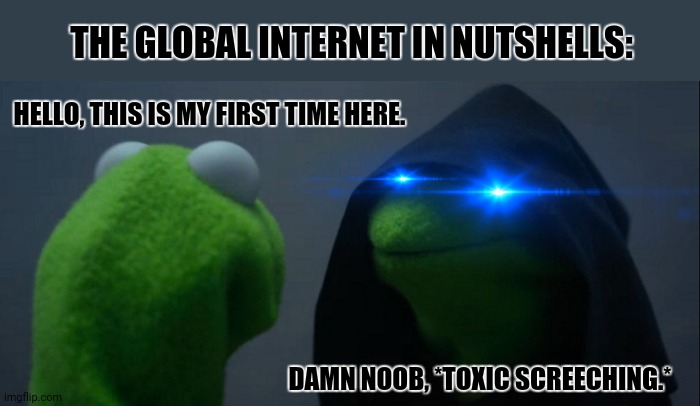 Evil Kermit | THE GLOBAL INTERNET IN NUTSHELLS:; HELLO, THIS IS MY FIRST TIME HERE. DAMN NOOB, *TOXIC SCREECHING.* | image tagged in memes,evil kermit,internet trolls | made w/ Imgflip meme maker