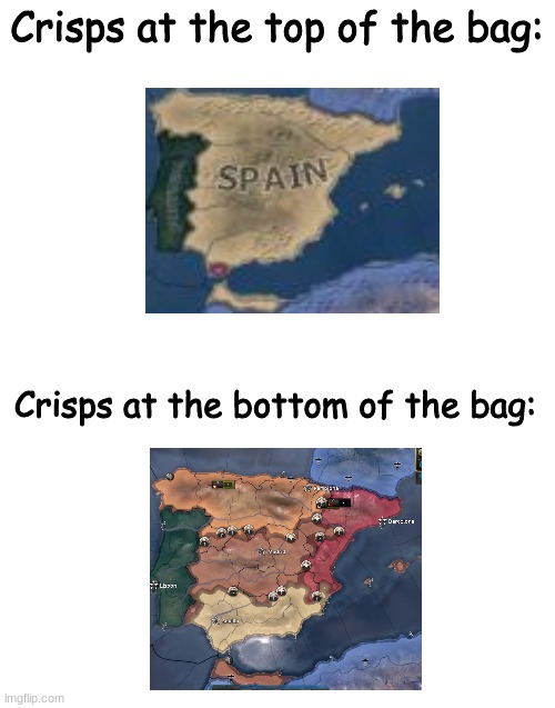Hoi4 Spain | Crisps at the top of the bag:; Crisps at the bottom of the bag: | image tagged in blank white template,hoi4,spain,civilwar | made w/ Imgflip meme maker