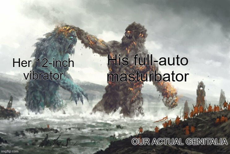 Disappointment | His full-auto masturbator; Her 12-inch vibrator; OUR ACTUAL GENITALIA | image tagged in fantasy titans fighting people watching | made w/ Imgflip meme maker