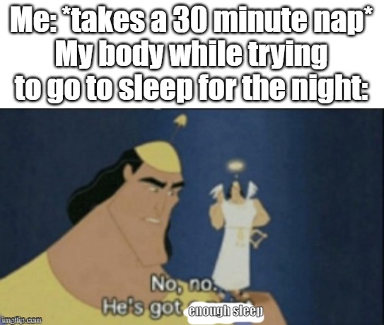 Sleeping be like | Me: *takes a 30 minute nap*
My body while trying to go to sleep for the night:; enough sleep | image tagged in no no hes got a point,memes,sleep,relatable,no no he's got a point | made w/ Imgflip meme maker