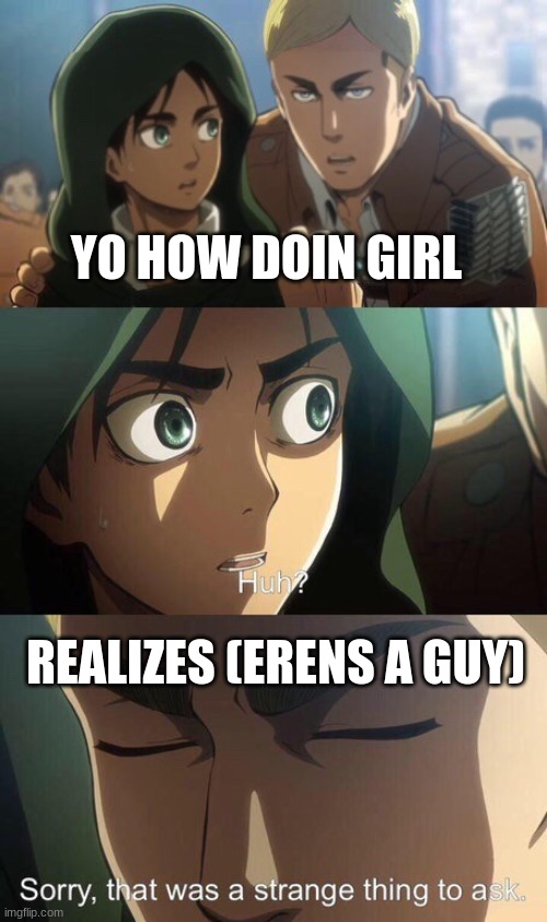Strange question attack on titan | YO HOW DOIN GIRL; REALIZES (ERENS A GUY) | image tagged in strange question attack on titan | made w/ Imgflip meme maker