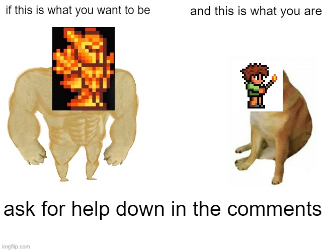 Buff Doge vs. Cheems Meme | if this is what you want to be; and this is what you are; ask for help down in the comments | image tagged in terraria | made w/ Imgflip meme maker