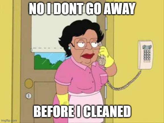 points gun | NO I DONT GO AWAY; BEFORE I CLEANED | image tagged in memes,consuela | made w/ Imgflip meme maker