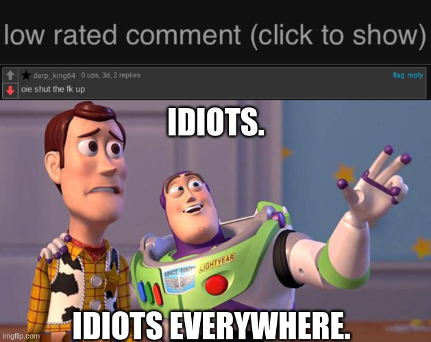 you'll understand why once you see the meme they commented on | IDIOTS. IDIOTS EVERYWHERE. | image tagged in low rated comment | made w/ Imgflip meme maker