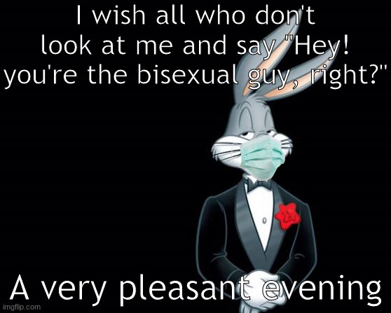 I am more than my sexuality. stop calling me the "bisexual guy." | I wish all who don't look at me and say "Hey! you're the bisexual guy, right?"; A very pleasant evening | image tagged in bugs bunny i wish | made w/ Imgflip meme maker