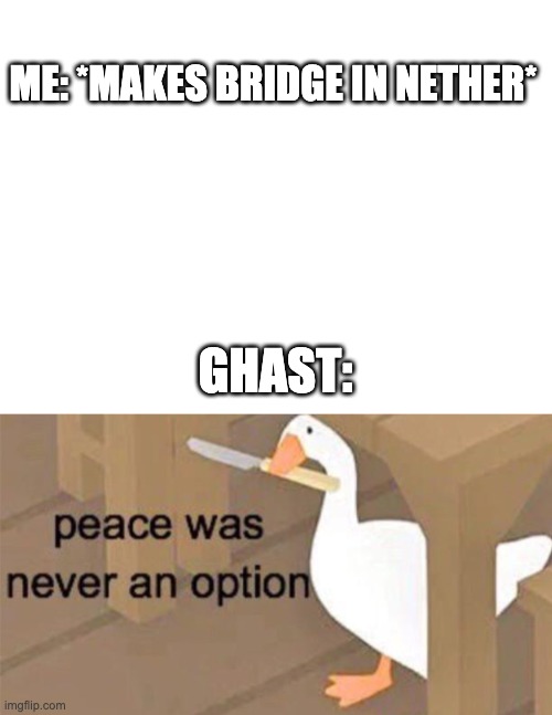 ME: *MAKES BRIDGE IN NETHER*; GHAST: | image tagged in blank white template,untitled goose peace was never an option | made w/ Imgflip meme maker