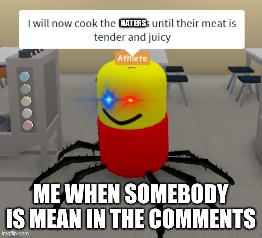 sorry i havent posted | HATERS; ME WHEN SOMEBODY IS MEAN IN THE COMMENTS | image tagged in i will now cook the babies until their meat is tender and juicy | made w/ Imgflip meme maker