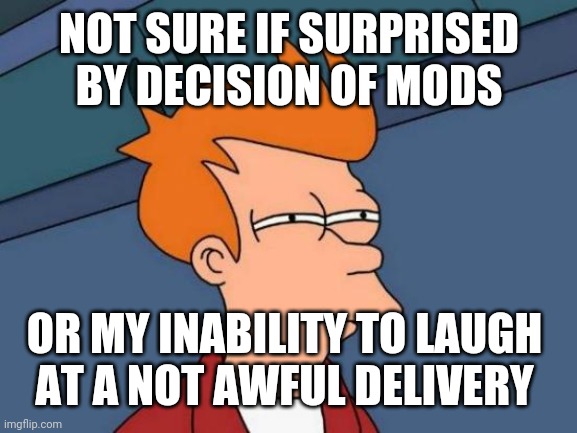 Futurama Fry Meme | NOT SURE IF SURPRISED BY DECISION OF MODS OR MY INABILITY TO LAUGH 
AT A NOT AWFUL DELIVERY | image tagged in memes,futurama fry | made w/ Imgflip meme maker