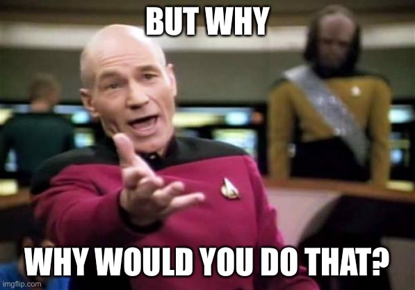 Picard Wtf Meme | BUT WHY WHY WOULD YOU DO THAT? | image tagged in memes,picard wtf | made w/ Imgflip meme maker