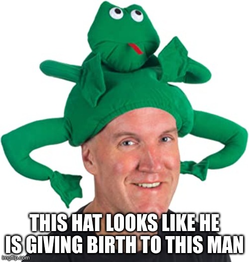 why this | THIS HAT LOOKS LIKE HE IS GIVING BIRTH TO THIS MAN | image tagged in eww,funny memes,funny gifs | made w/ Imgflip meme maker