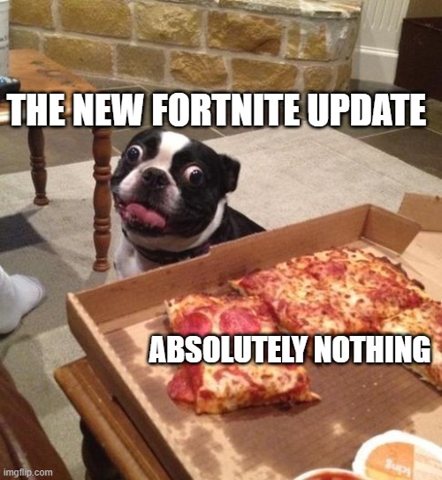 Hungry Pizza Dog |  THE NEW FORTNITE UPDATE; ABSOLUTELY NOTHING | image tagged in hungry pizza dog | made w/ Imgflip meme maker