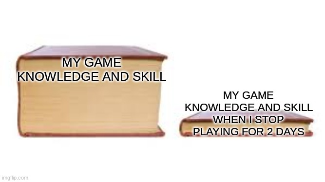 it is true | MY GAME KNOWLEDGE AND SKILL; MY GAME KNOWLEDGE AND SKILL WHEN I STOP PLAYING FOR 2 DAYS | image tagged in big book small book | made w/ Imgflip meme maker